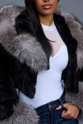 Women's Crop Mink Bomber With Hood [Black/Silver]