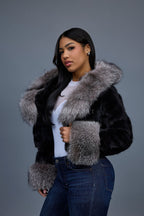 Women's Crop Mink Bomber With Hood [Black/Silver]