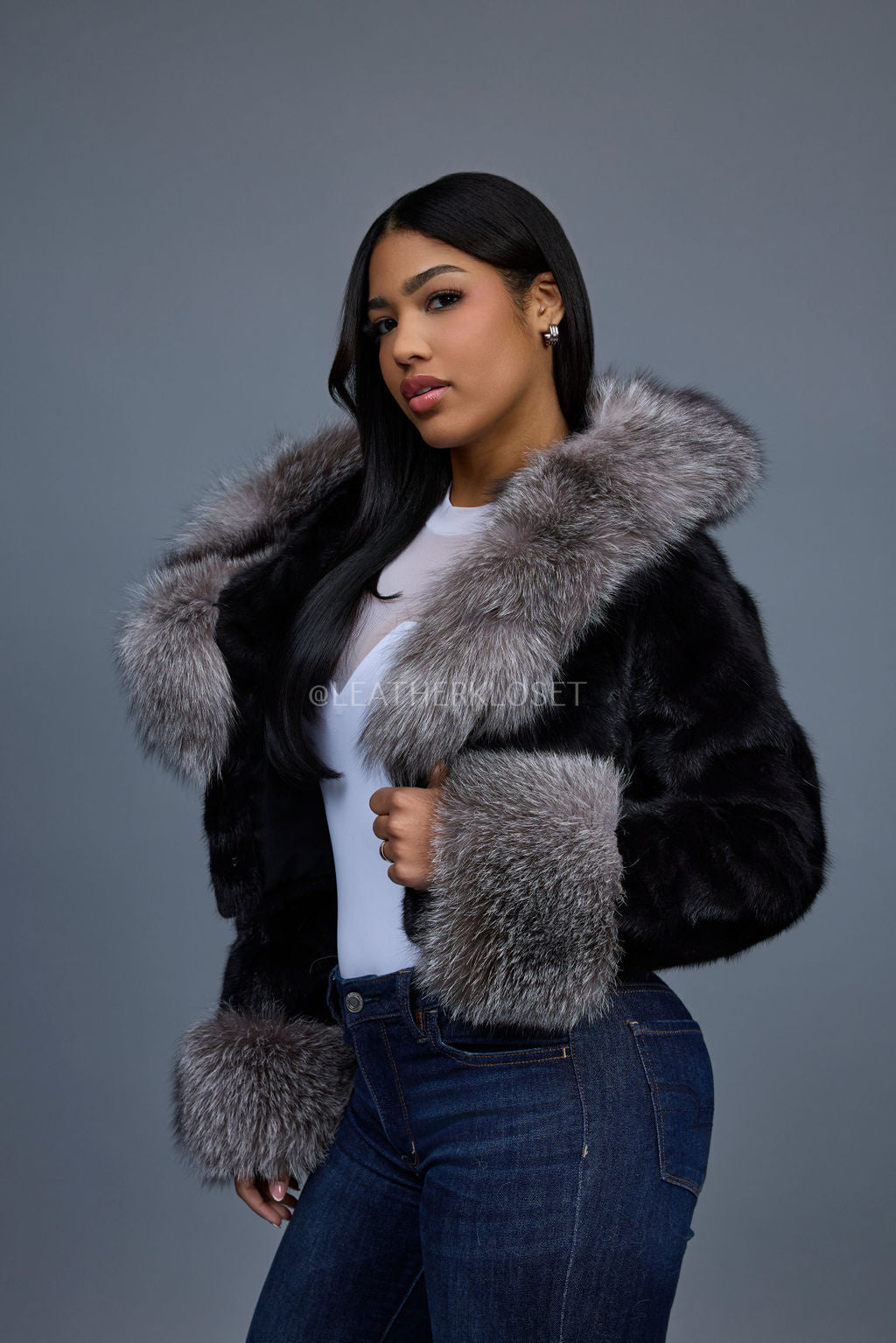 Women's Crop Mink Bomber With Hood [Black/Silver]
