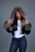 Women's Crop Mink Bomber With Hood [Black/Silver]