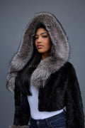 Women's Crop Mink Bomber With Hood [Black/Silver]