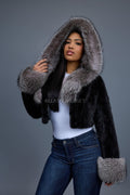 Women's Crop Mink Bomber With Hood [Black/Silver]