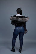 Women's Crop Mink Bomber With Hood [Black/Silver]