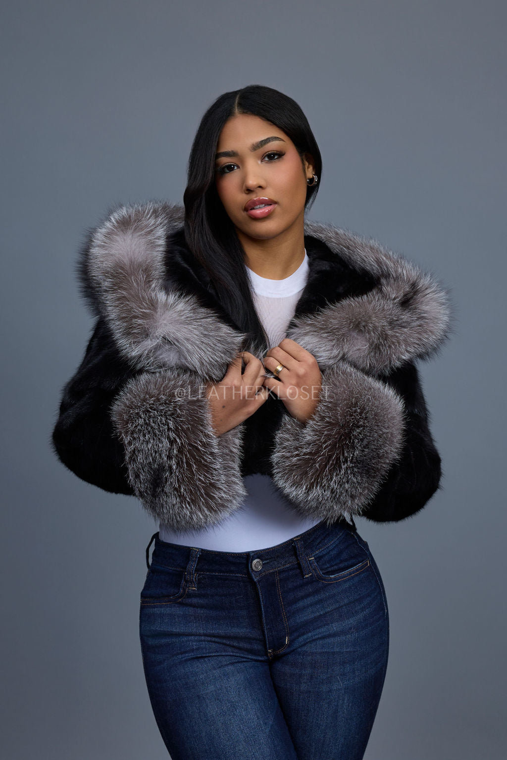 Women's Crop Mink Bomber With Hood [Black/Silver]