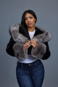 Women's Crop Mink Bomber With Hood [Black/Silver]