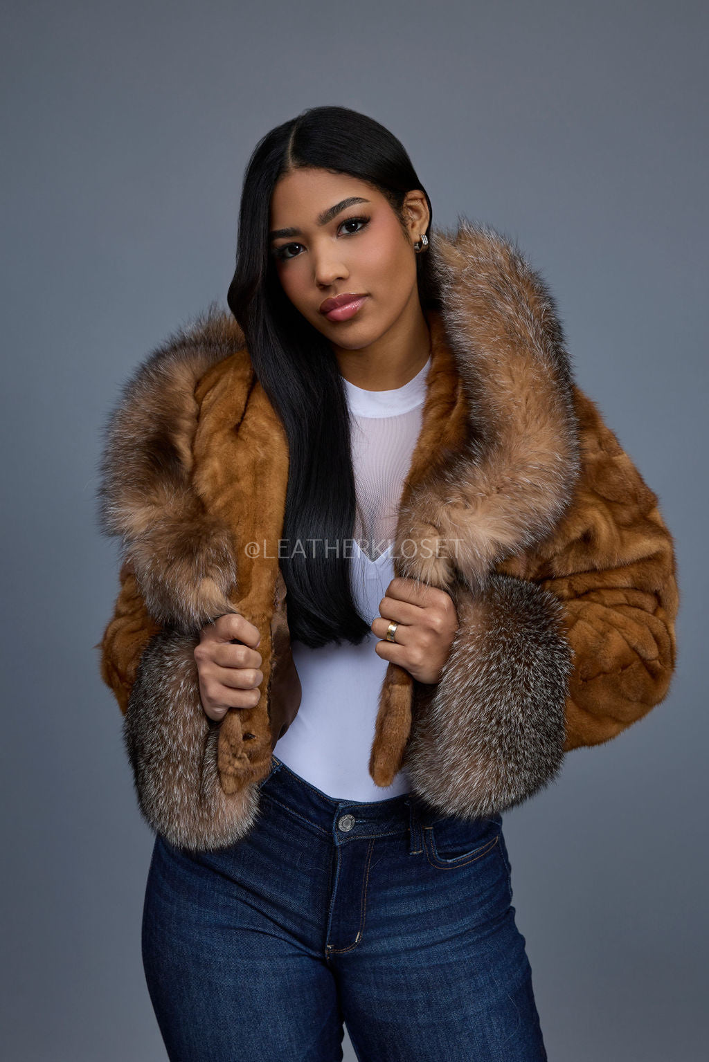 Women's Crop Mink Bomber With Hood [Whiskey]