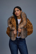 Women's Crop Mink Bomber With Hood [Whiskey]