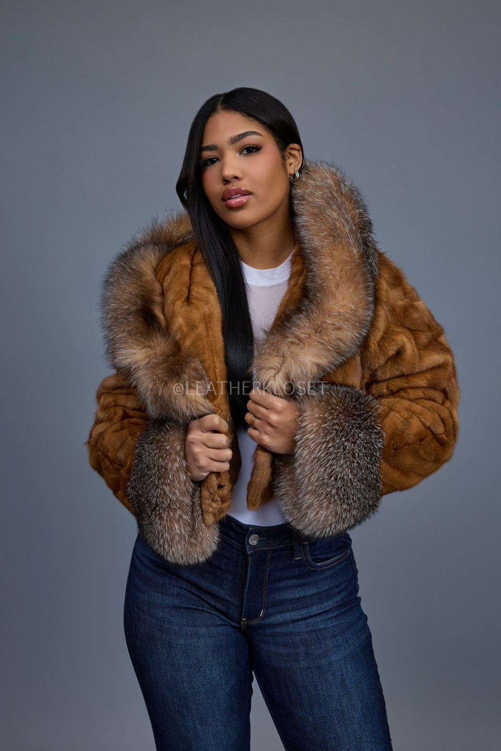 Women's Crop Mink Bomber With Hood [Whiskey]