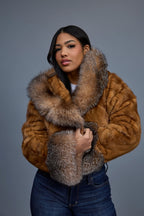 Women's Crop Mink Bomber With Hood [Whiskey]