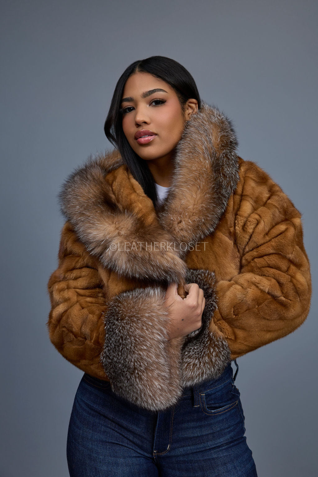 Women's Crop Mink Bomber With Hood [Whiskey]
