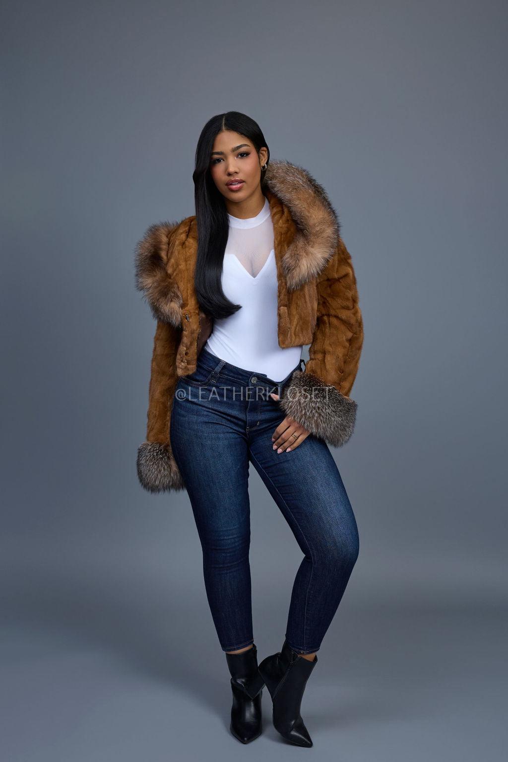 Women's Crop Mink Bomber With Hood [Whiskey]