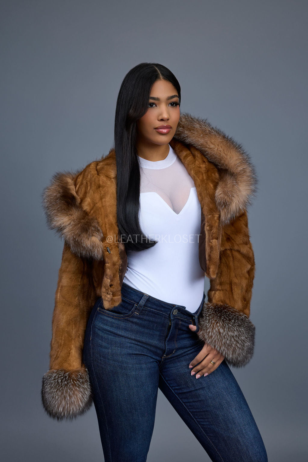 Women's Crop Mink Bomber With Hood [Whiskey]