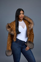 Women's Crop Mink Bomber With Hood [Whiskey]