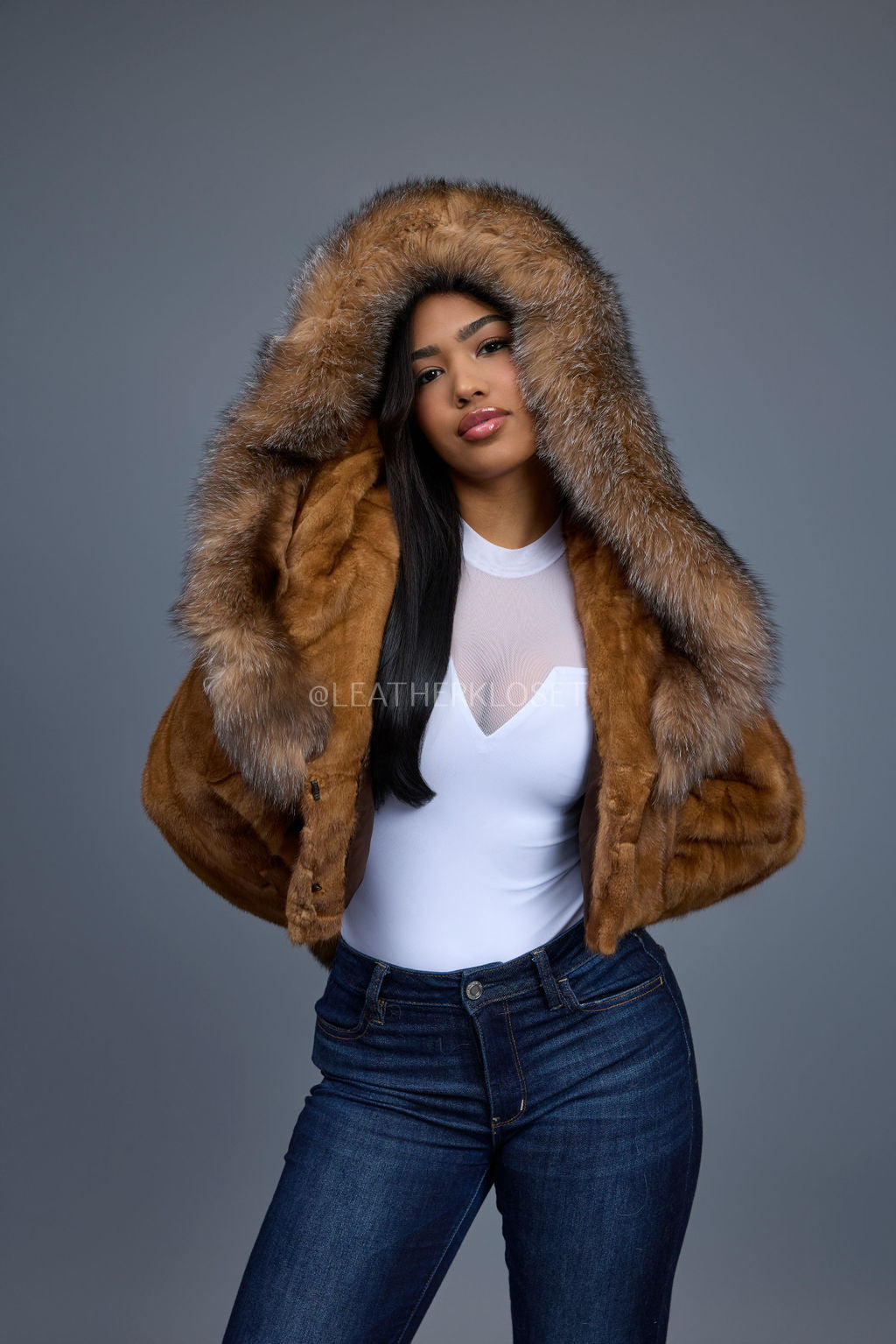 Women's Crop Mink Bomber With Hood [Whiskey]