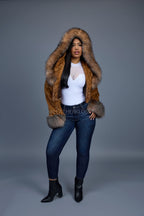 Women's Crop Mink Bomber With Hood [Whiskey]