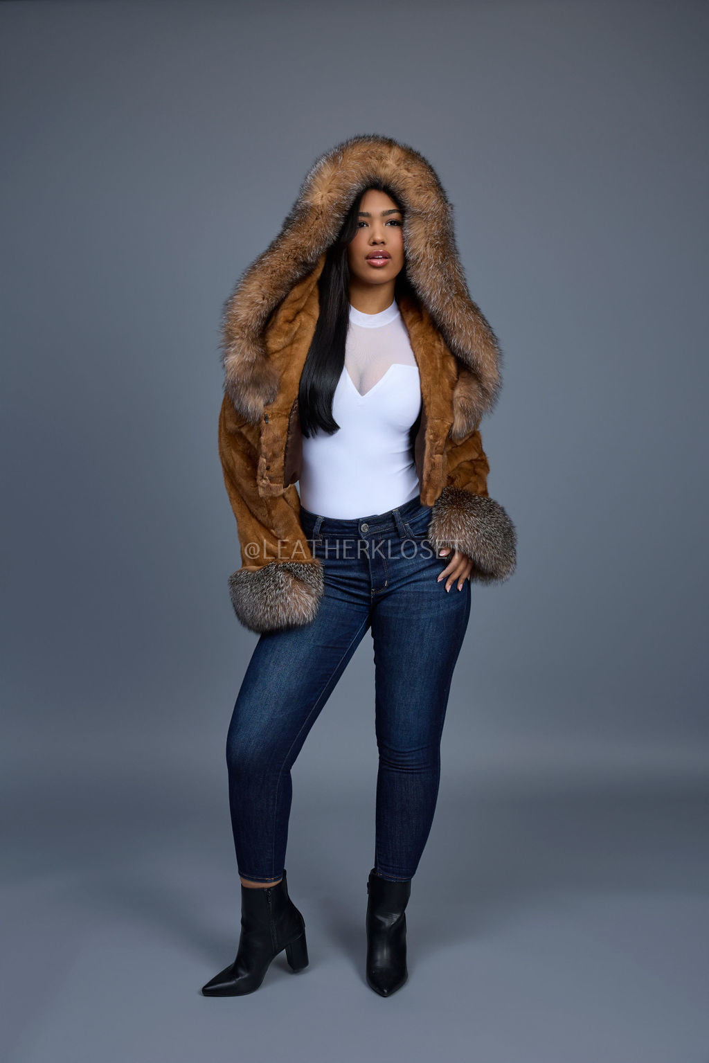 Women's Crop Mink Bomber With Hood [Whiskey]