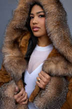 Women's Crop Mink Bomber With Hood [Whiskey]
