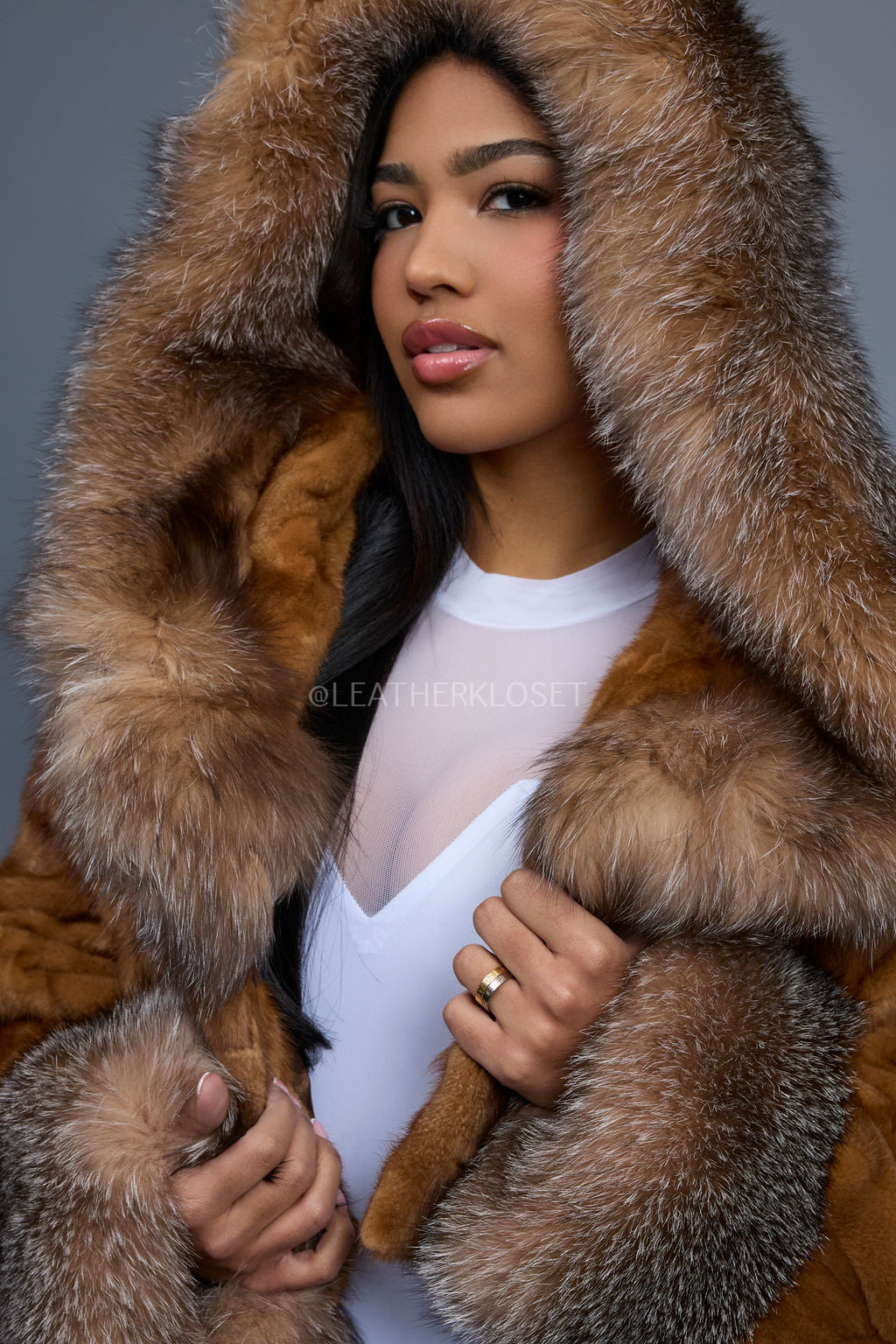 Women's Crop Mink Bomber With Hood [Whiskey]