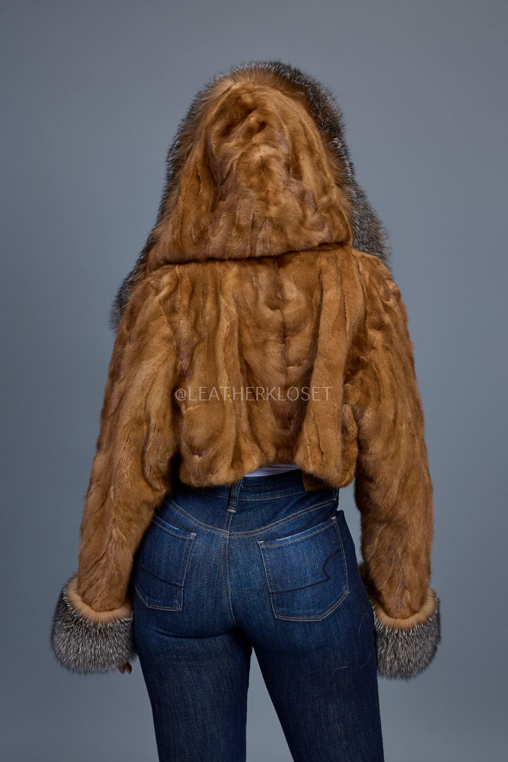 Women's Crop Mink Bomber With Hood [Whiskey]
