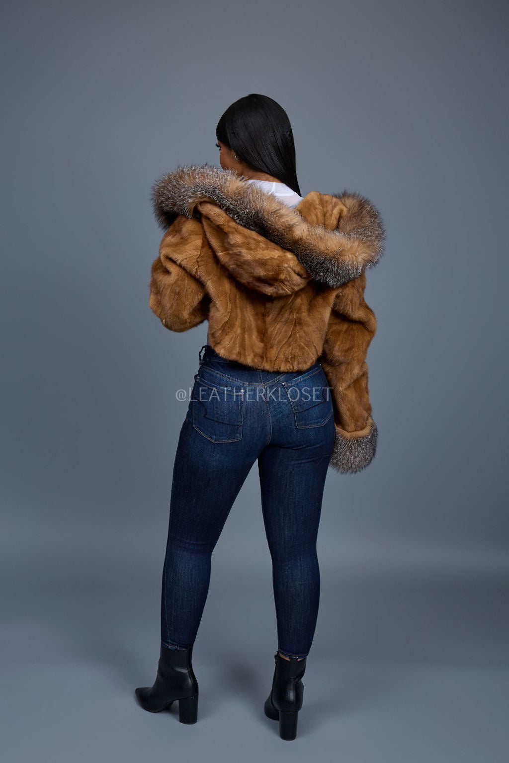 Women's Crop Mink Bomber With Hood [Whiskey]