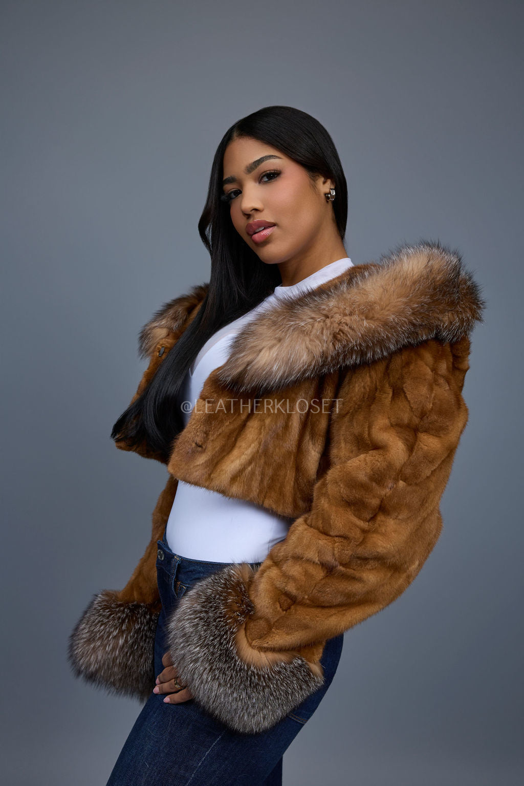 Women's Crop Mink Bomber With Hood [Whiskey]