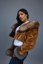 Women's Crop Mink Bomber With Hood [Whiskey]