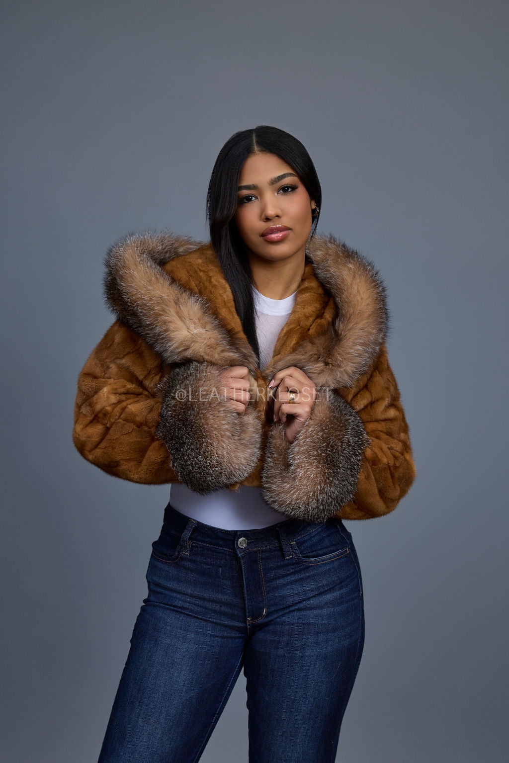 Women's Crop Mink Bomber With Hood [Whiskey]