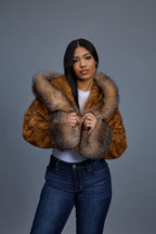 Women's Crop Mink Bomber With Hood [Whiskey]