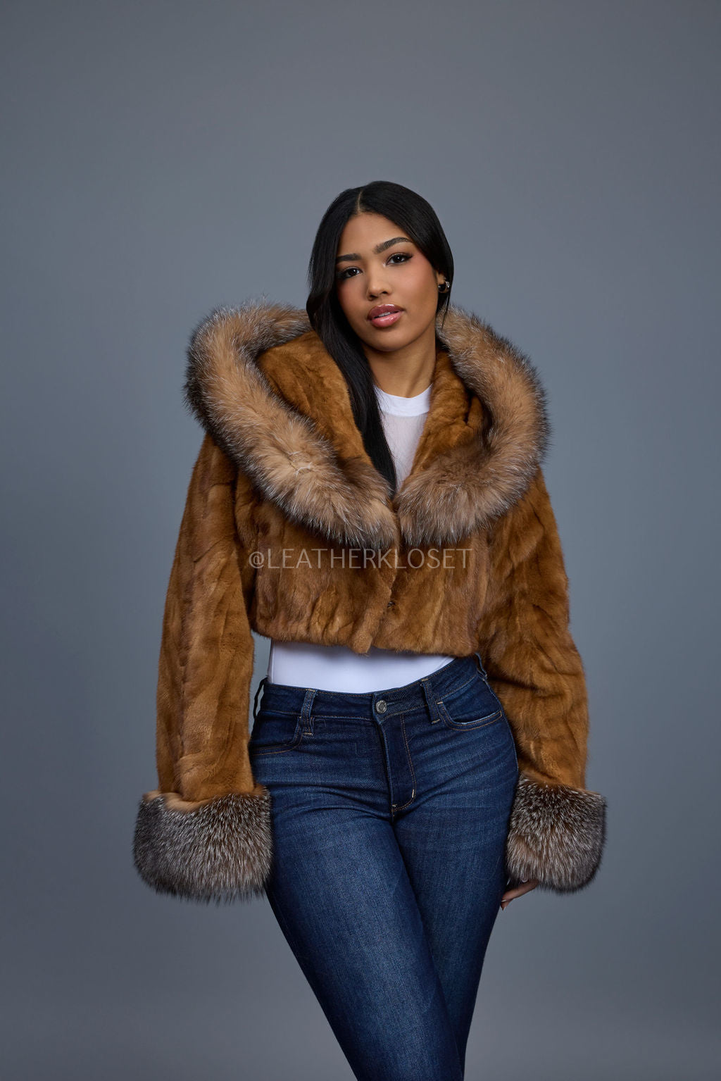 Women's Crop Mink Bomber With Hood [Whiskey]
