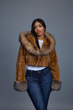 Women's Crop Mink Bomber With Hood [Whiskey]