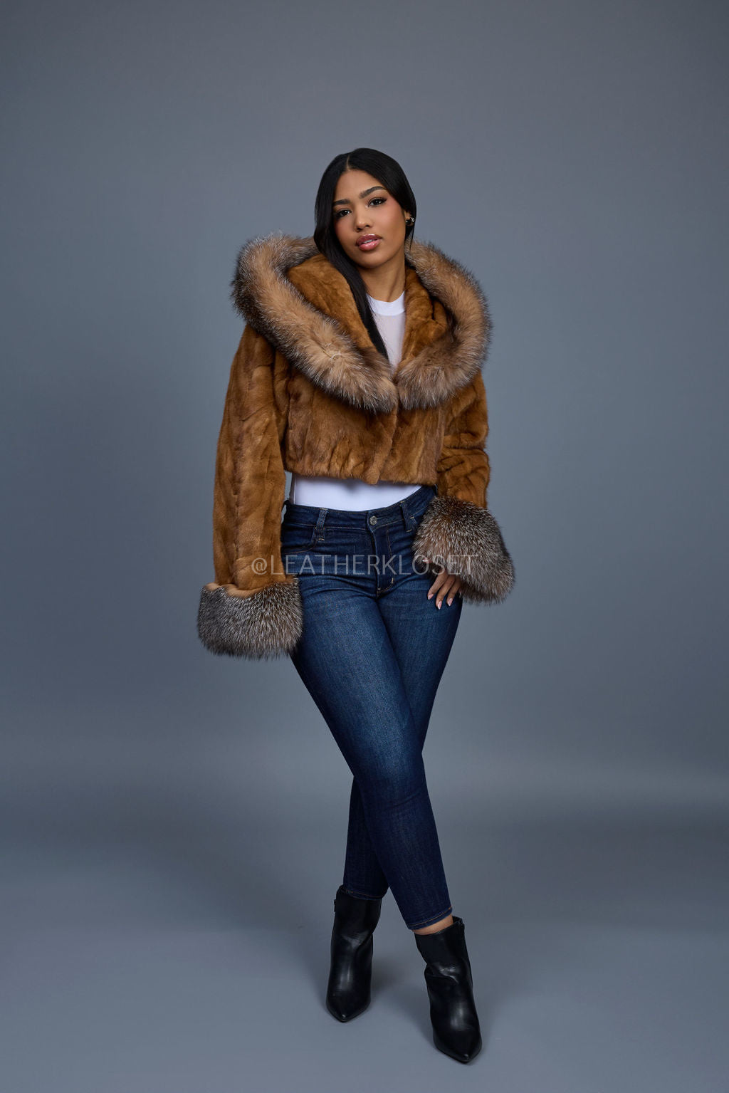 Women's Crop Mink Bomber With Hood [Whiskey]