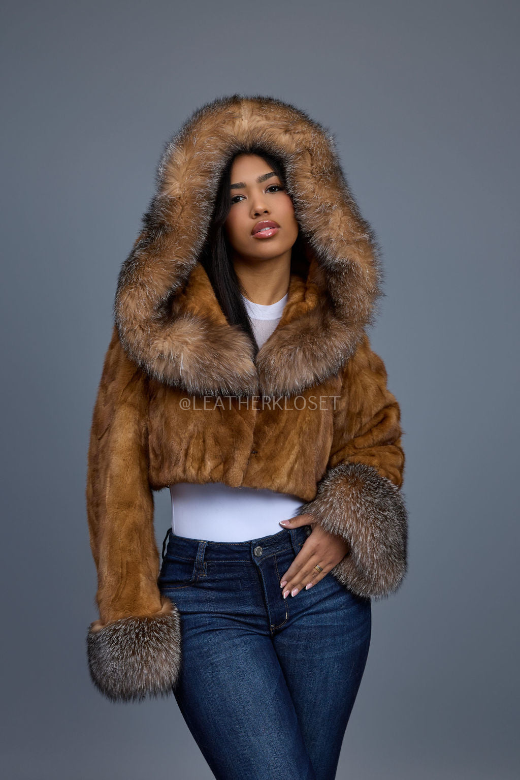 Women's Crop Mink Bomber With Hood [Whiskey]