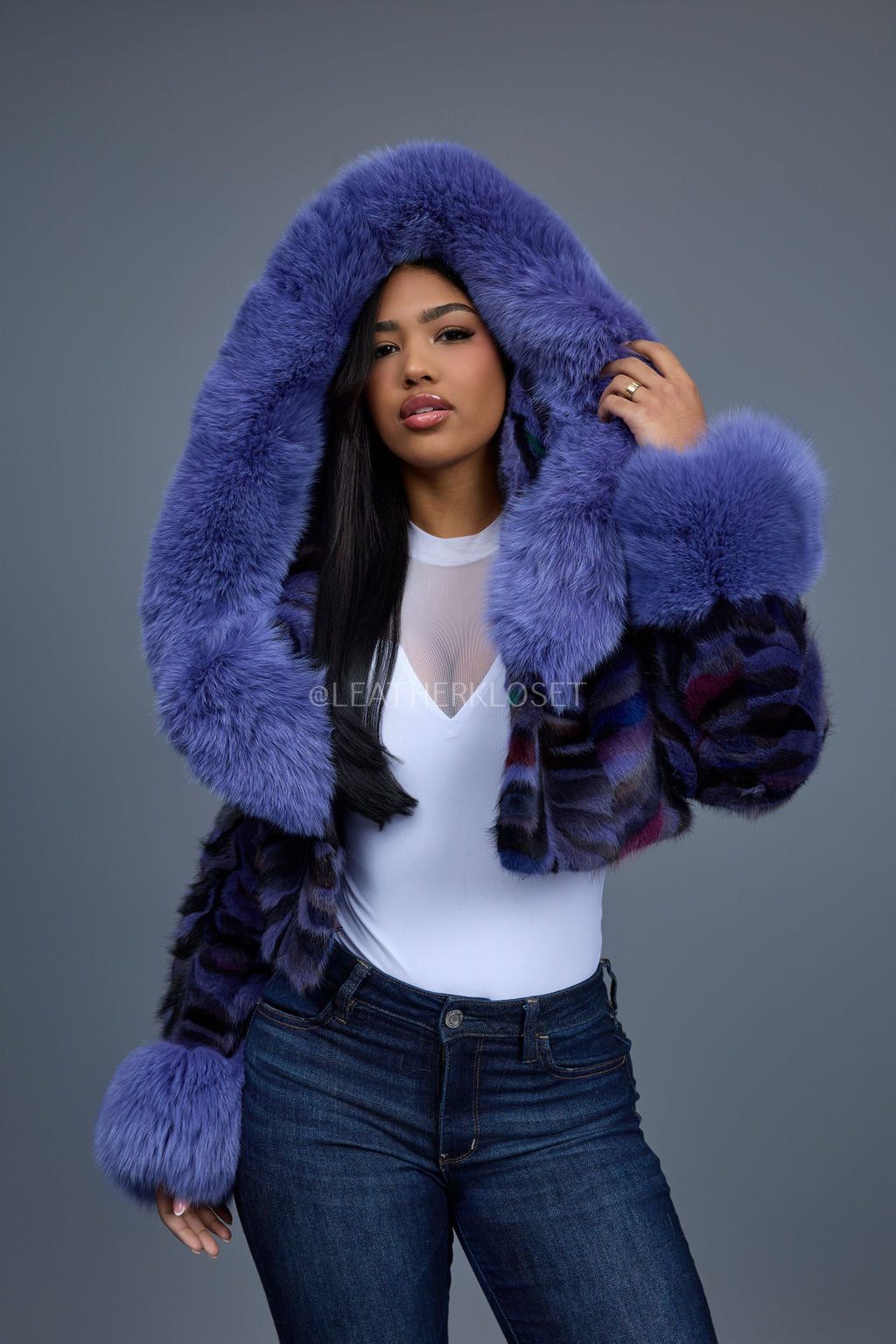 Women's Crop Mink Bomber With Hood [Purple]