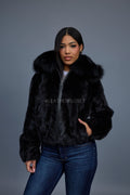 Women's Leilani Mink Bomber With Hood [Black]