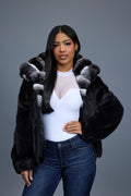 Women's Mink Bomber With Chinchilla Collar And Hood [Black]