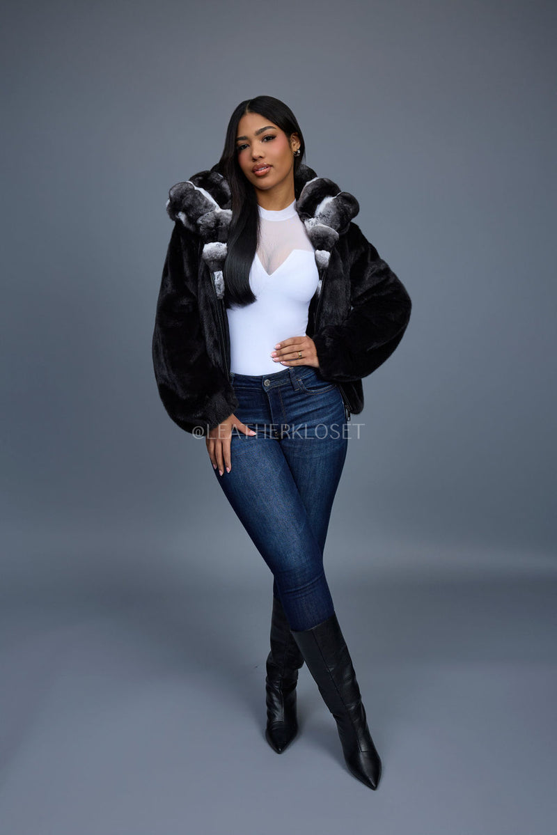 Women's Mink Bomber With Chinchilla Collar And Hood [Black]