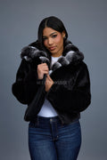 Women's Mink Bomber With Chinchilla Collar And Hood [Black]