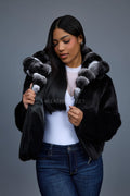 Women's Mink Bomber With Chinchilla Collar And Hood [Black]