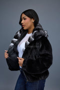 Women's Mink Bomber With Chinchilla Collar And Hood [Black]