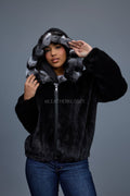 Women's Mink Bomber With Chinchilla Collar And Hood [Black]