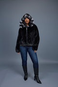 Women's Mink Bomber With Chinchilla Collar And Hood [Black]