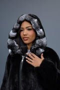 Women's Mink Bomber With Chinchilla Collar And Hood [Black]