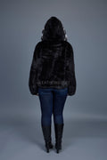 Women's Mink Bomber With Chinchilla Collar And Hood [Black]