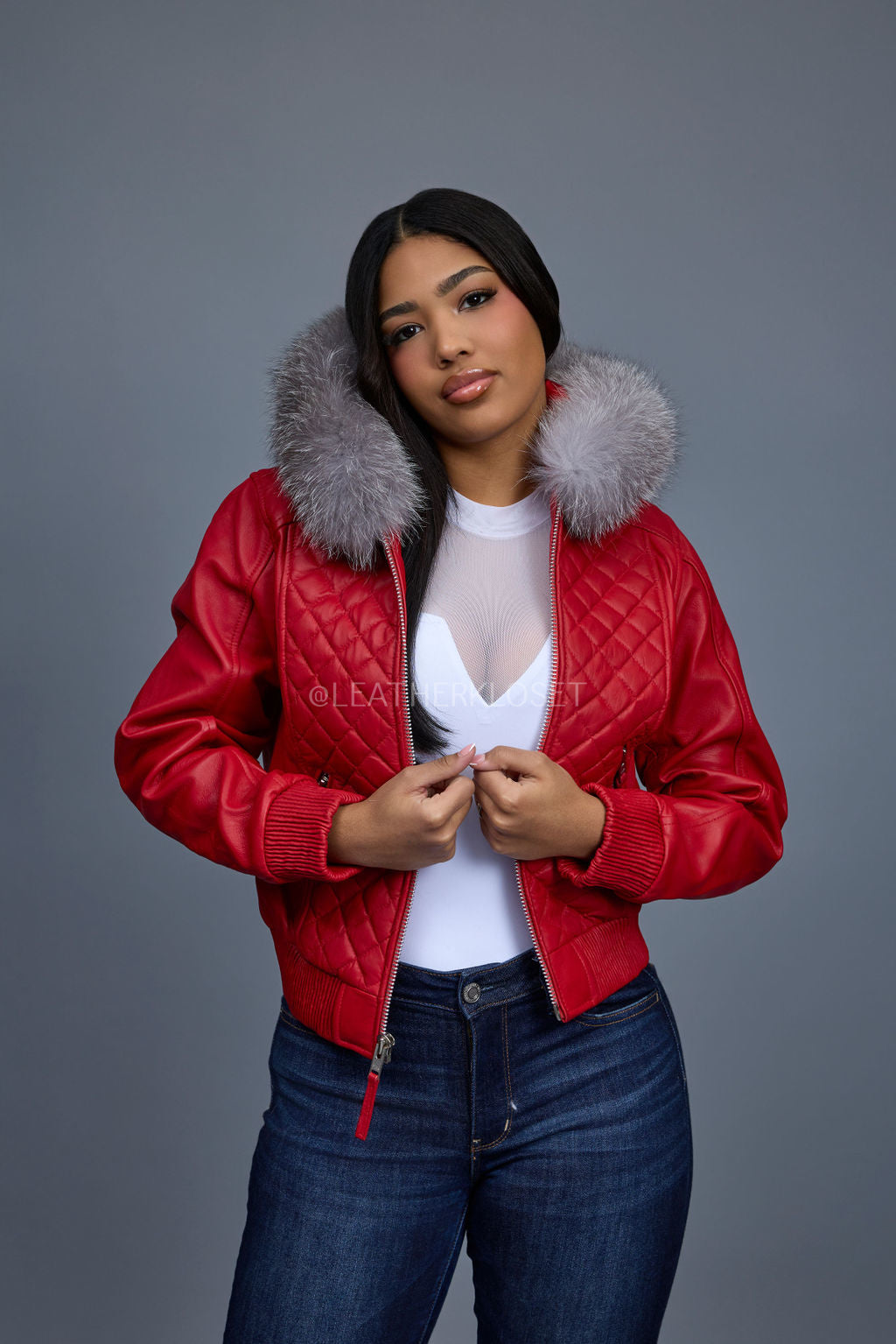 Women's Lucas Jacket With Premium Fox Fur Hood [Red/Silver]