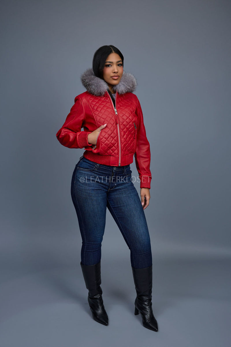 Women's Lucas Jacket With Premium Fox Fur Hood [Red/Silver]