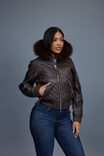 Women's Lucas Jacket With Premium Fox Fur Hood [Copper/Chocolate