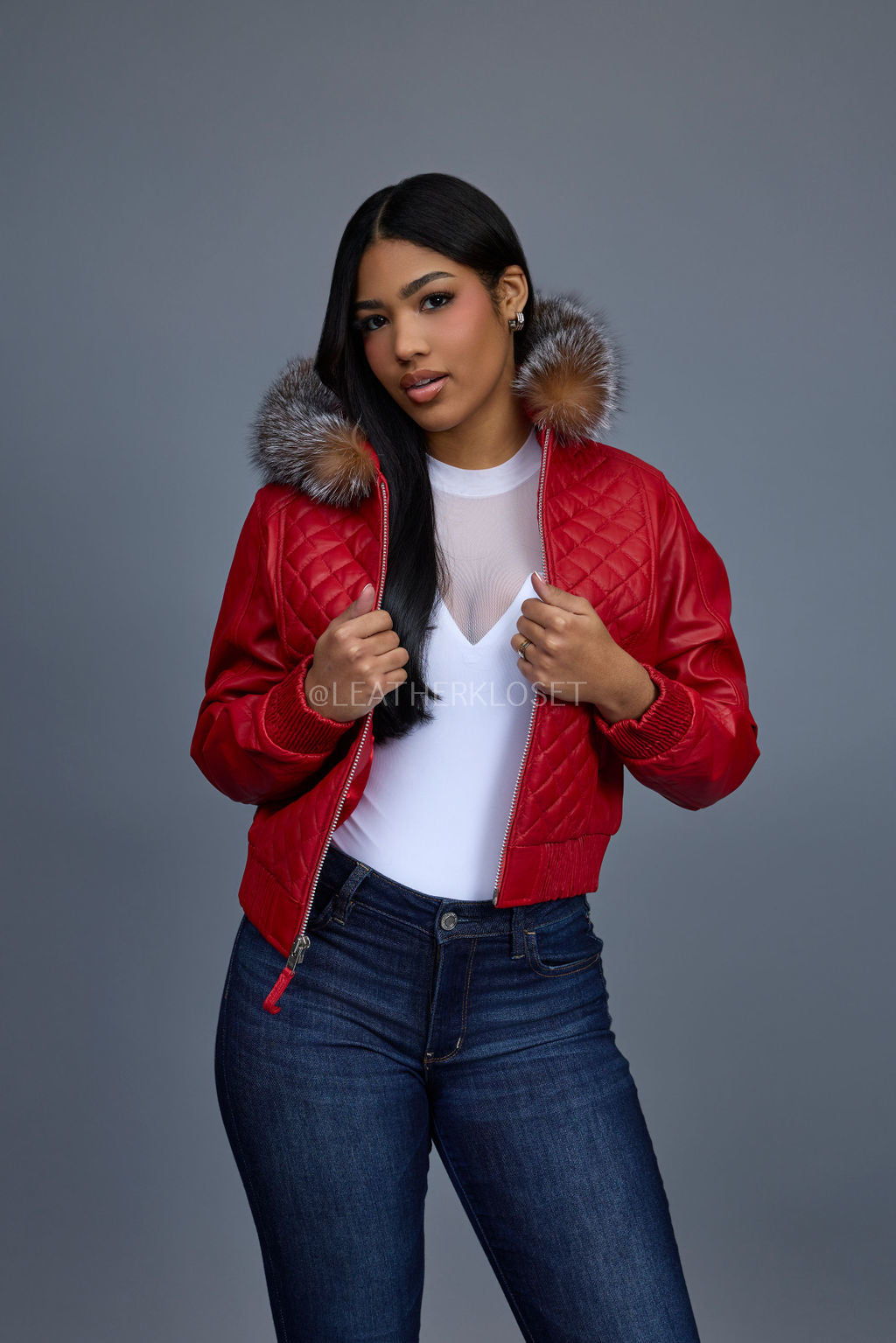 Women's Lucas Jacket With Premium Fox Fur Hood [Red/Crystal]