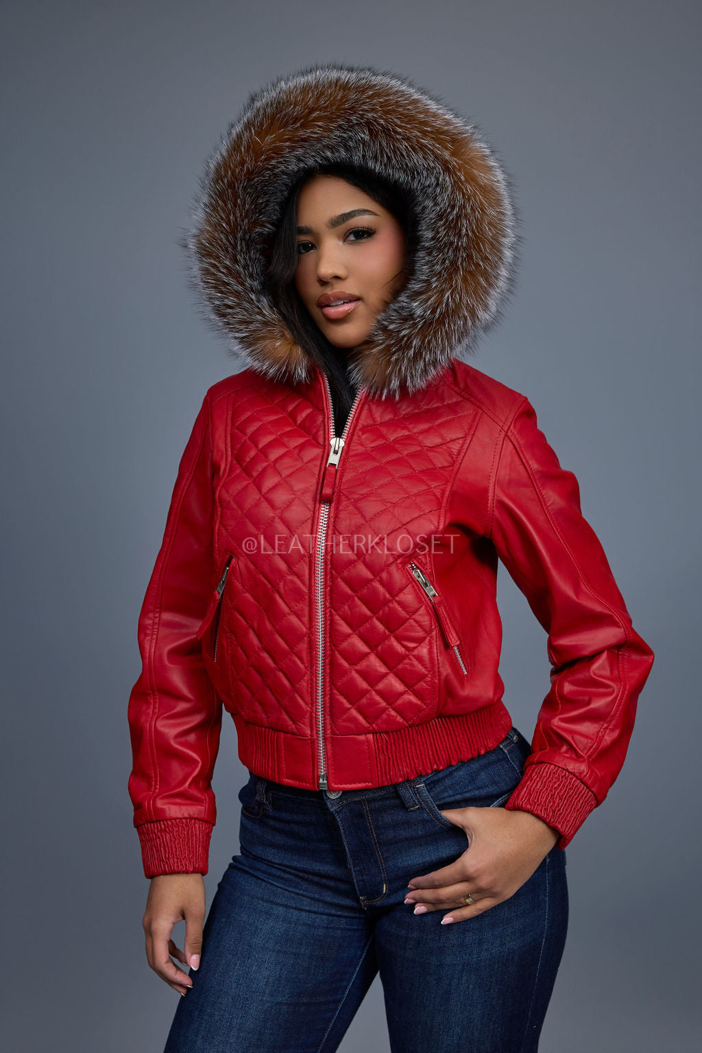 Women's Lucas Jacket With Premium Fox Fur Hood [Red/Crystal]