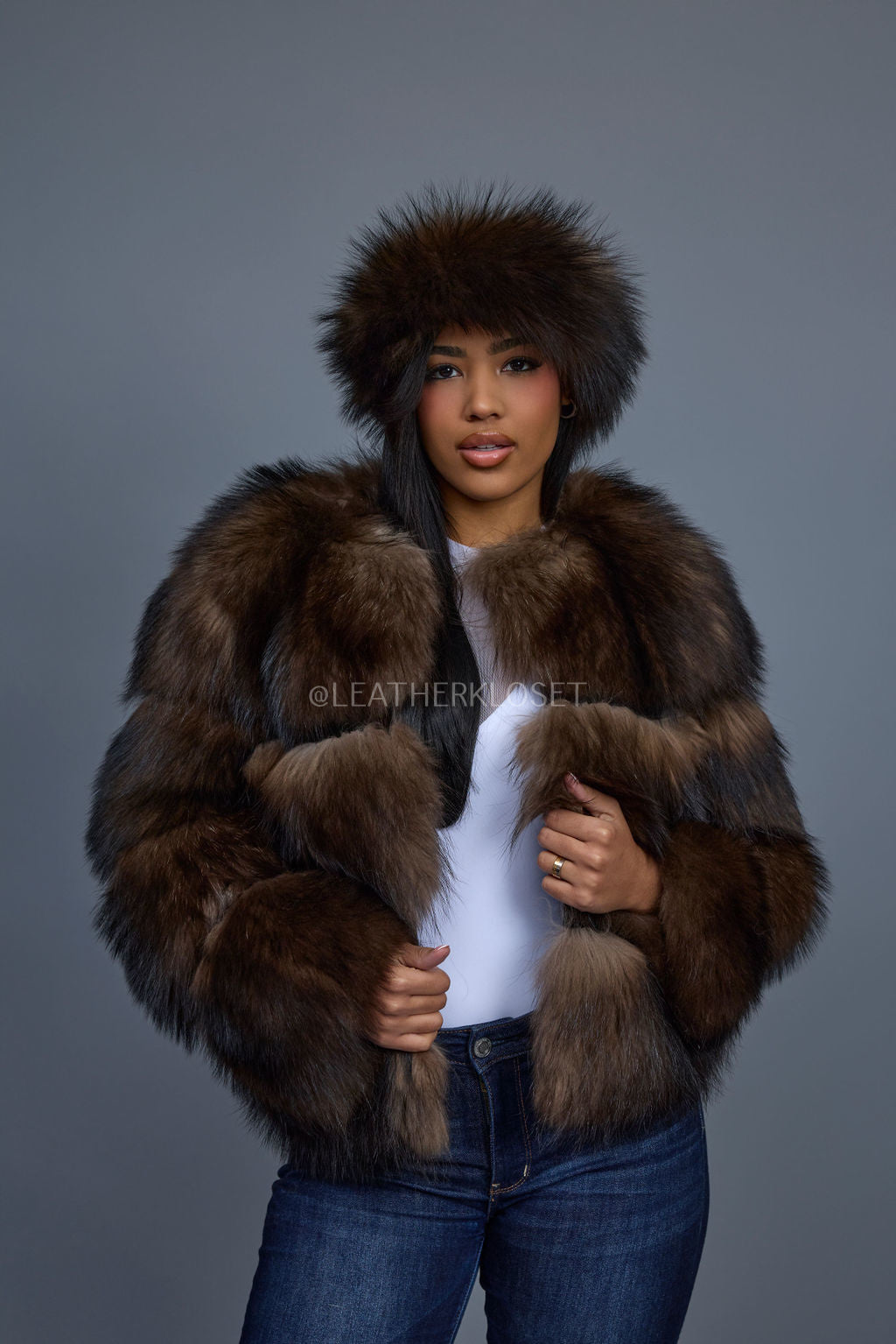 Women's Hailey Raccoon Fur Bomber With Headband [Brown]