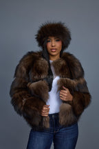 Women's Hailey Raccoon Fur Bomber With Headband [Brown]